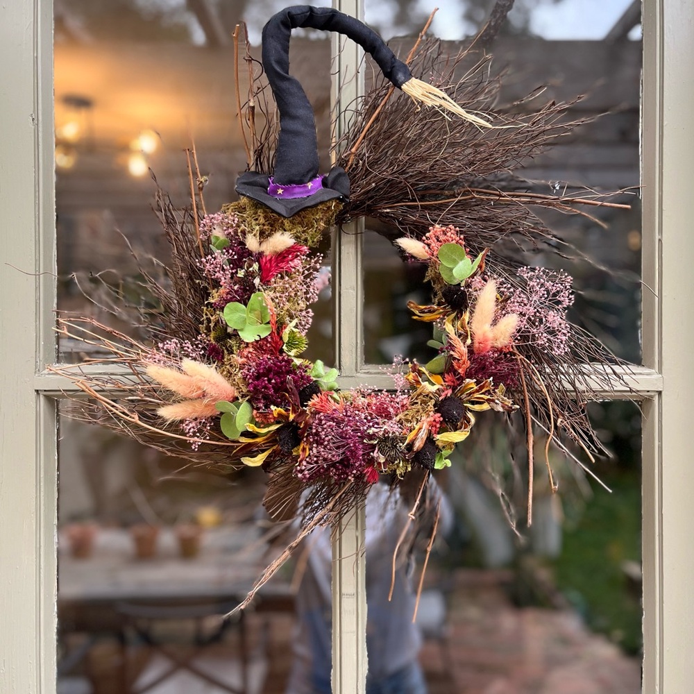 Autumn Witch Hat Wreath with Red and Brown Accents